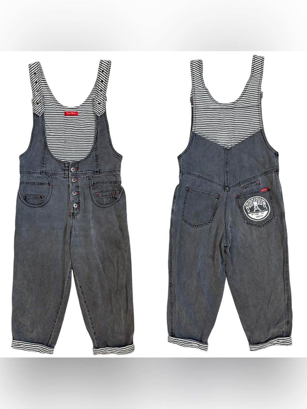 Vintage 80s 90s Bonjour Gray Railroad Stripe Denim Baggy Overalls 32” Waist